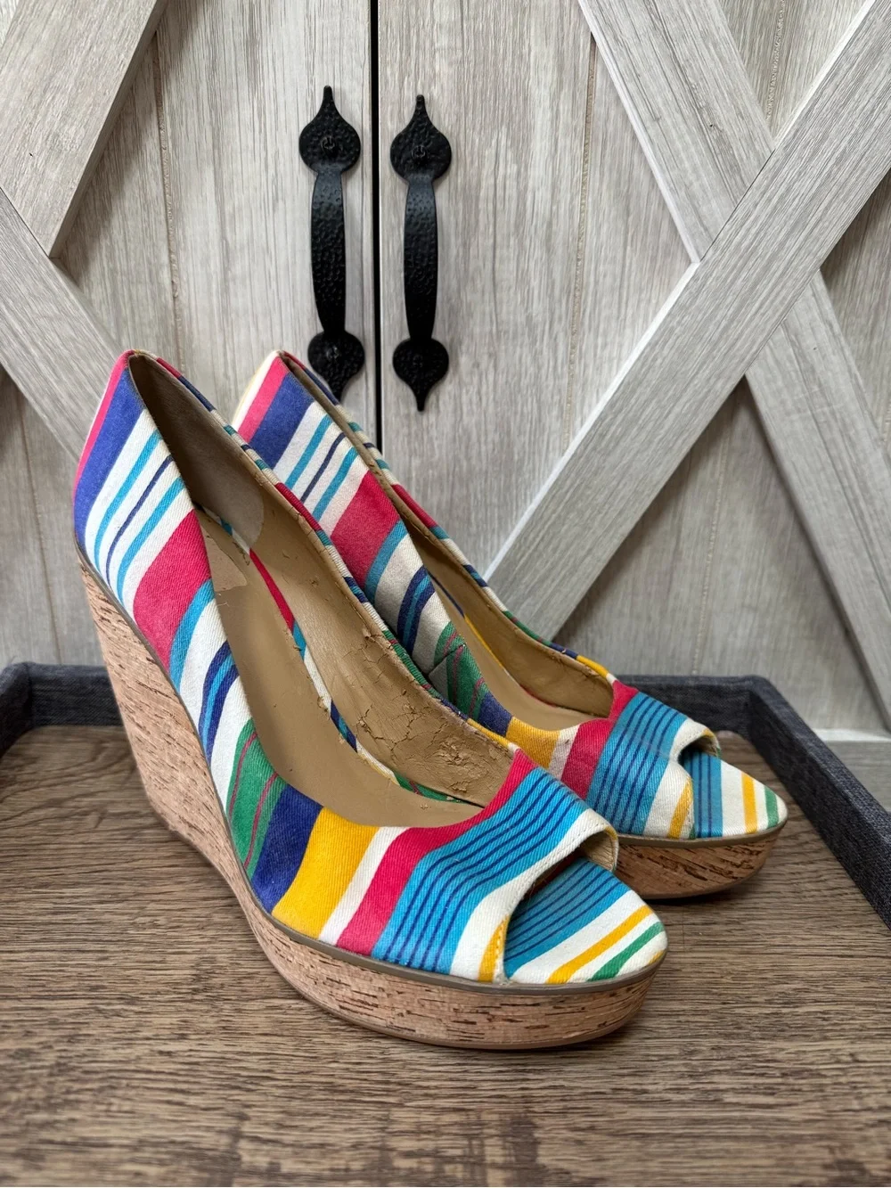 Nine West Multicolor Striped Peep-Toe Cork Platform Wedges (9.5)